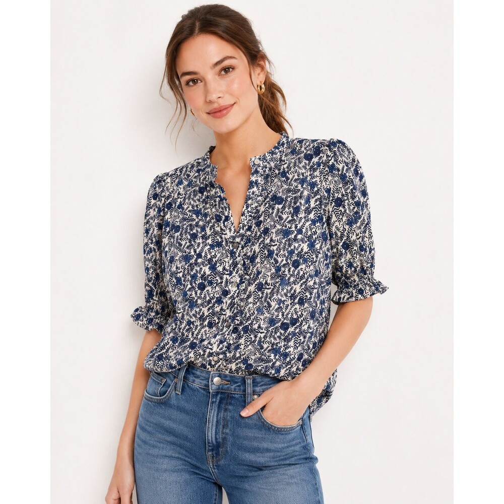 J.Crew Women Small Blue Floral Ruffle Blouse Puff Sleeve Button Front Cottagecor